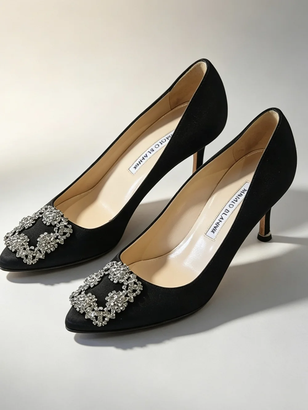 Manolo Blahnik Black Satin Hangisi Crystal-Embellished Pumps - Picture 4 of 12